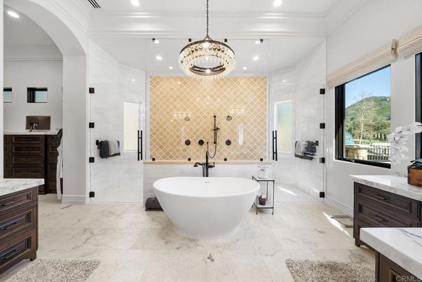 Bathroom, Chandelier, Free Standing Baths, Glass Shower, Interior, Marble, Pendant Lights, Recessed Lighting