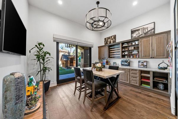 Dining room, Interior, Pendant Lights, Recessed Lighting, Wood Texture Flooring