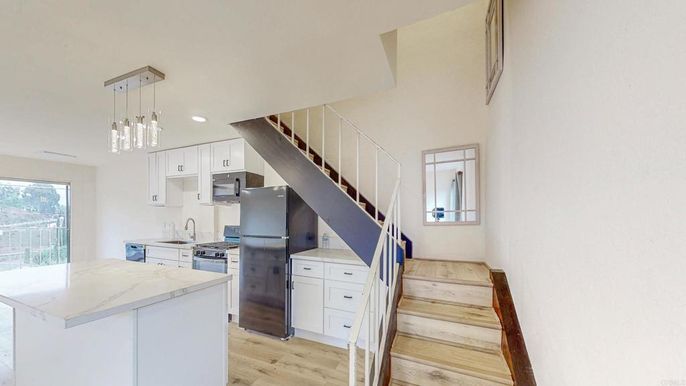 Interior, Kitchen, Pendant Lights, Recessed Lighting, Wood Texture Flooring