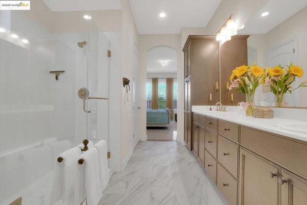 Bathroom, Bedroom, Dual Sink Vanities, Glass Shower, Interior, Marble, Recessed Lighting