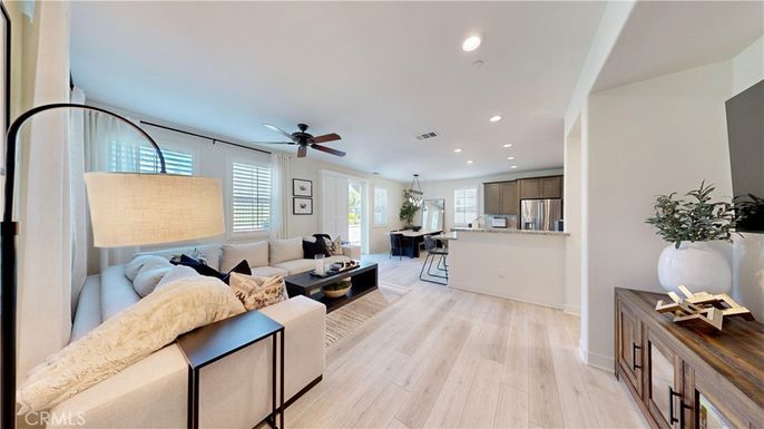 Dining room, Interior, Kitchen, Living room, Pendant Lights, Recessed Lighting, Stainless Steel Appliances, Wood Texture Flooring