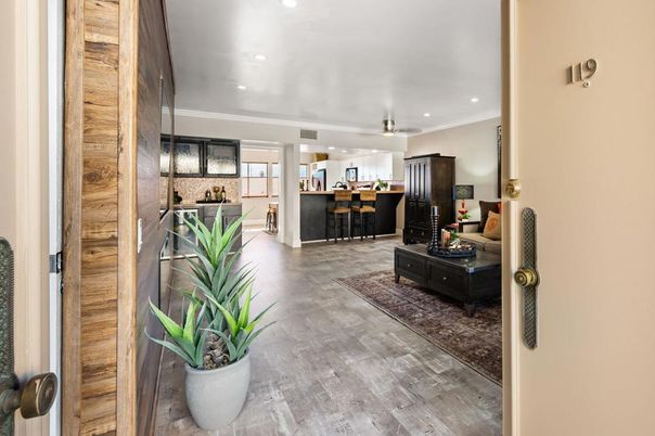 Interior, Kitchen, Recessed Lighting, Wood Texture Flooring