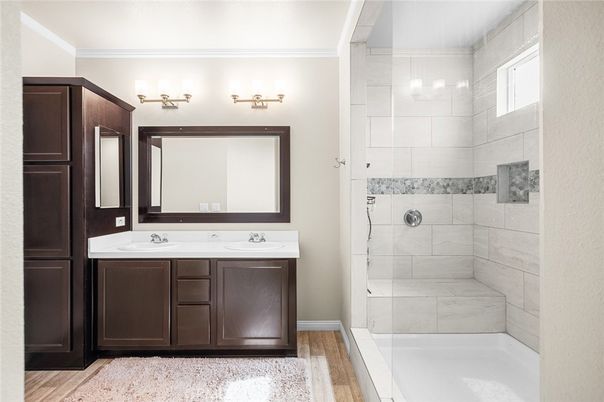 Bathroom, Dual Sink Vanities, Glass Shower, Interior, Wood Texture Flooring