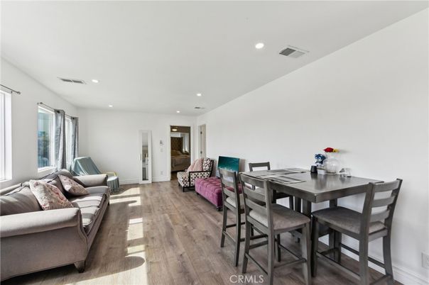 Dining room, Interior, Living room, Recessed Lighting, Wood Texture Flooring