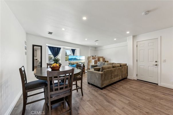 Dining room, Interior, Living room, Recessed Lighting, Wood Texture Flooring