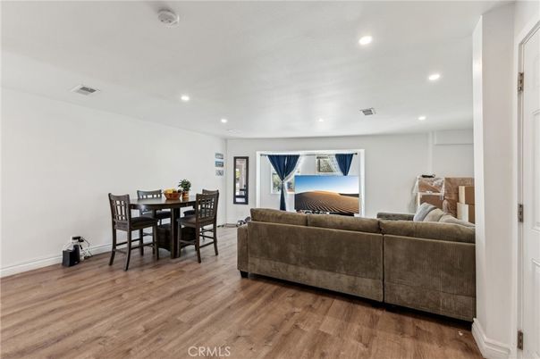 Dining room, Interior, Living room, Recessed Lighting, Wood Texture Flooring