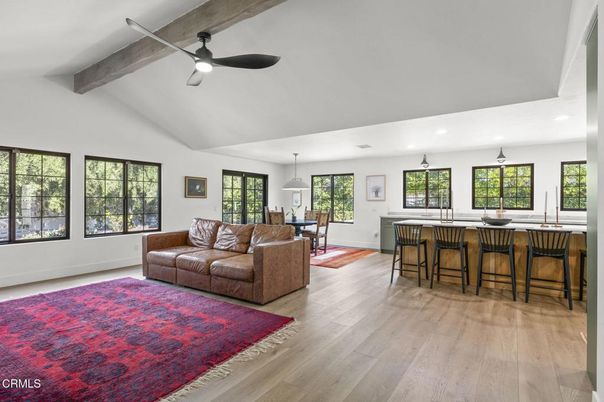 Dining room, Interior, Living room, Pendant Lights, Recessed Lighting, Wooden Beams, Wood Texture Flooring