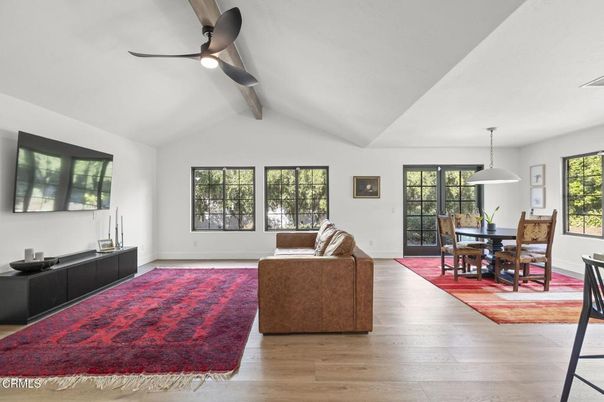 Dining room, Interior, Living room, Pendant Lights, Wood Texture Flooring