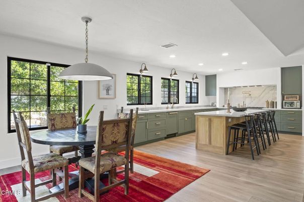 Dining room, Interior, Kitchen, Pendant Lights, Recessed Lighting, Wood Texture Flooring