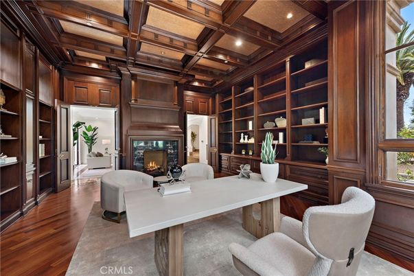 Fireplace, Home Office, Interior, Living room, Recessed Lighting, Wooden Beams, Wooden Ceilings, Wood Texture Flooring, Wooden Walls