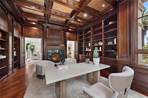 Fireplace, Home Office, Interior, Living room, Recessed Lighting, Wooden Beams, Wooden Ceilings, Wood Texture Flooring, Wooden Walls