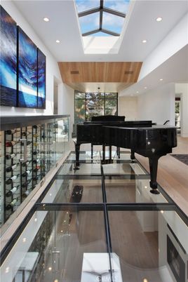 Glass Ceilings, Interior, Piano, Recessed Lighting, Wine Storage, Wood Texture Flooring