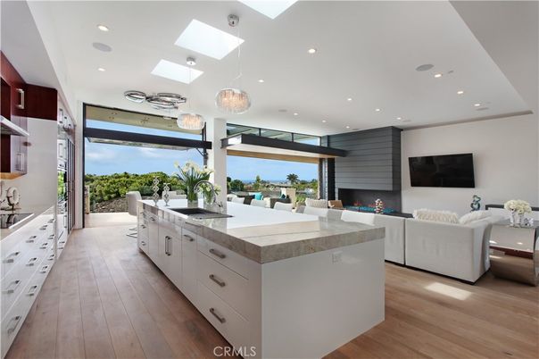Fireplace, Interior, Kitchen, Living room, Pendant Lights, Recessed Lighting, Wood Texture Flooring