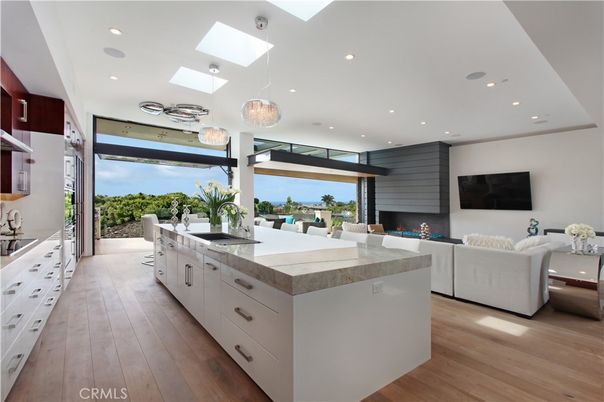 Fireplace, Interior, Kitchen, Living room, Pendant Lights, Recessed Lighting, Wood Texture Flooring