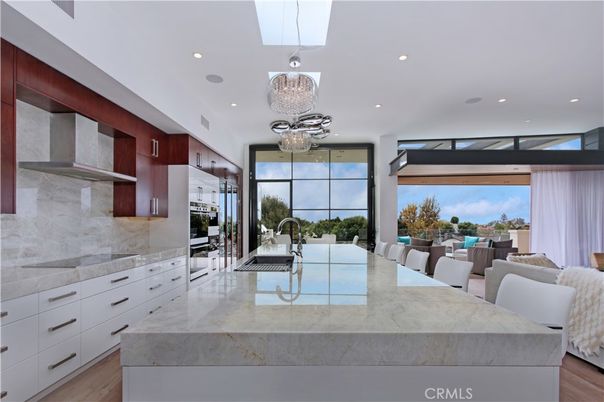 Chandelier, Interior, Kitchen, Pendant Lights, Recessed Lighting, Stainless Steel Appliances, Wood Texture Flooring
