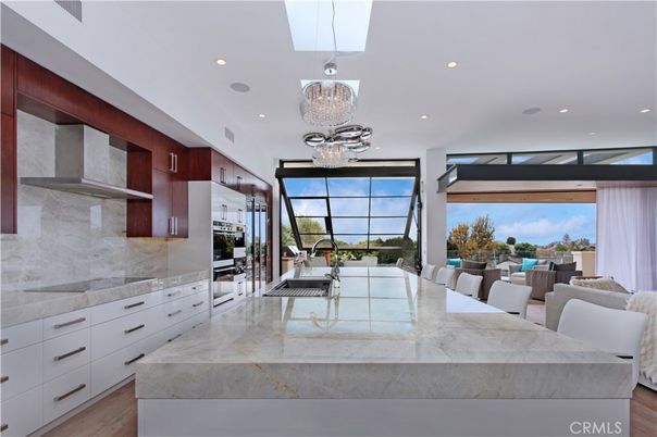Chandelier, Interior, Kitchen, Pendant Lights, Recessed Lighting, Stainless Steel Appliances, Wood Texture Flooring