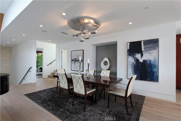Dining room, Interior, Pendant Lights, Recessed Lighting, Wood Texture Flooring