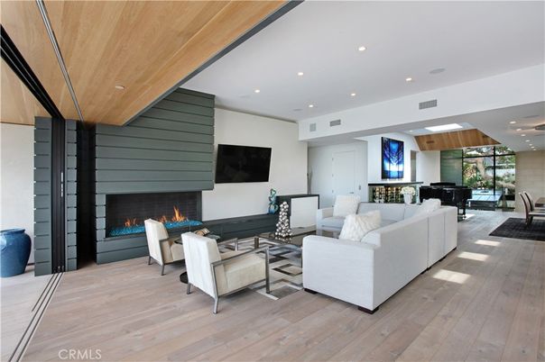 Dining room, Fireplace, Interior, Living room, Pendant Lights, Piano, Recessed Lighting, Wooden Ceilings, Wood Texture Flooring
