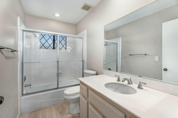 Bathroom, Glass Shower, Interior, Recessed Lighting, Wood Texture Flooring