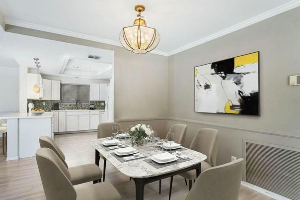 Dining room, Interior, Kitchen, Pendant Lights, Recessed Lighting, Wood Texture Flooring