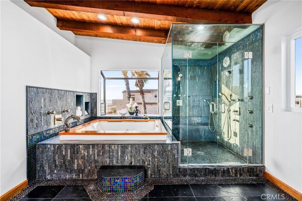 Bathroom, Glass Shower, Interior, Recessed Lighting, Wooden Beams, Wooden Ceilings