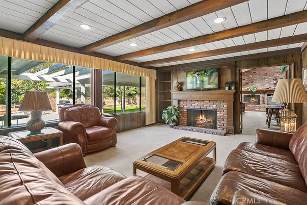 Fireplace, Interior, Living room, Recessed Lighting, Stone Walls, Wooden Beams