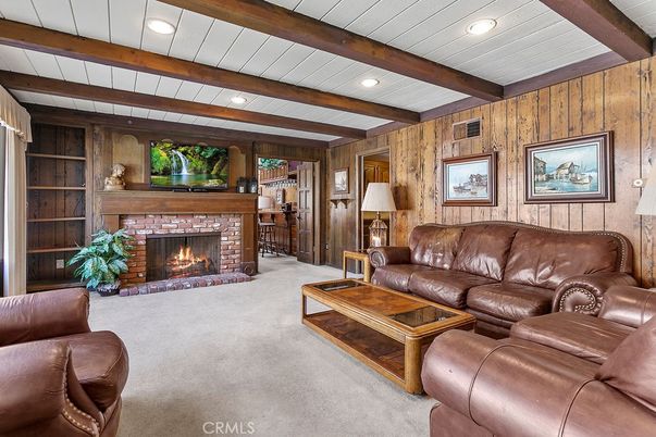 Fireplace, Interior, Living room, Recessed Lighting, Wooden Beams, Wooden Walls