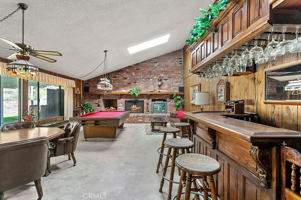 Billiard Table, Fireplace, Game Room, Interior, Stone Walls, Wooden Walls