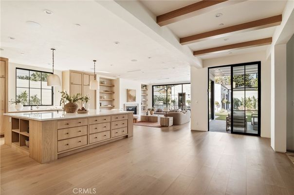 Fireplace, Interior, Living room, Pendant Lights, Recessed Lighting, Wooden Beams, Wood Texture Flooring
