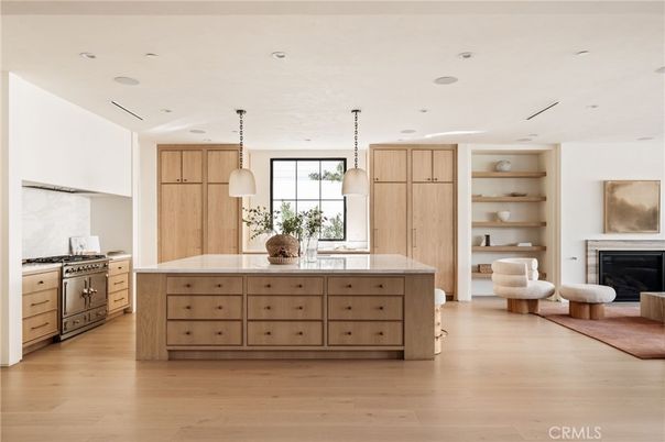 Fireplace, Interior, Kitchen, Pendant Lights, Recessed Lighting, Stainless Steel Appliances, Wood Texture Flooring