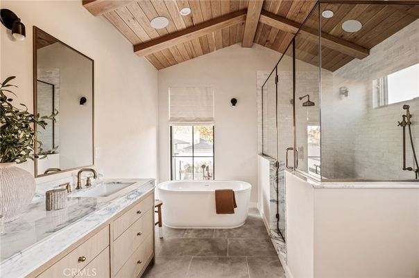 Bathroom, Dual Sink Vanities, Free Standing Baths, Glass Shower, Interior, Recessed Lighting, Wooden Beams, Wooden Ceilings