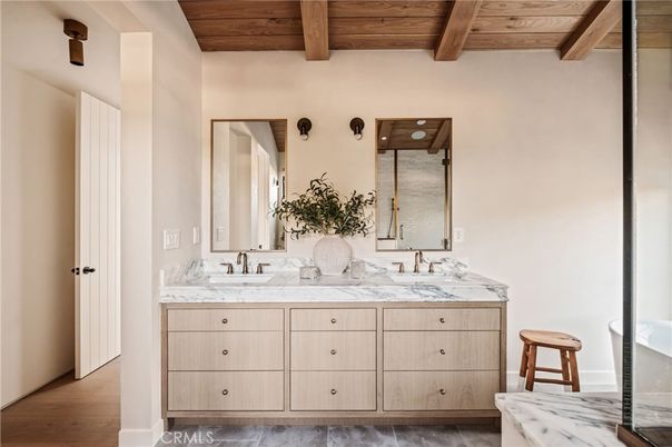 Bathroom, Dual Sink Vanities, Interior, Wooden Beams, Wooden Ceilings, Wood Texture Flooring