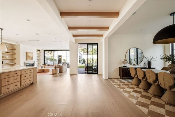 Dining room, Fireplace, Interior, Living room, Pendant Lights, Recessed Lighting, Wooden Beams, Wood Texture Flooring