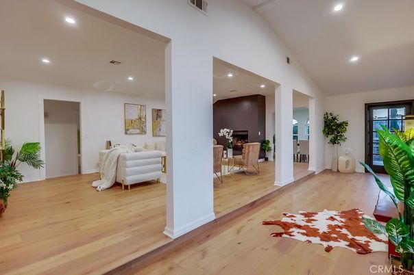 Dining room, Interior, Living room, Recessed Lighting, Wood Texture Flooring