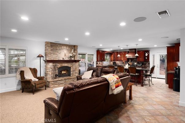 Dining room, Fireplace, Interior, Kitchen, Living room, Pendant Lights, Recessed Lighting, Stone Walls