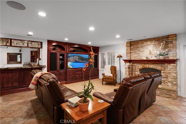Fireplace, Interior, Living room, Recessed Lighting, Stone Walls