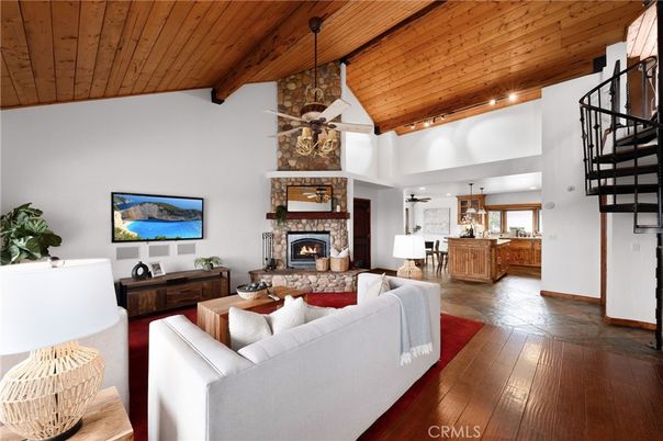 Fireplace, Interior, Kitchen, Living room, Pendant Lights, Recessed Lighting, Wooden Beams, Wooden Ceilings, Wood Texture Flooring