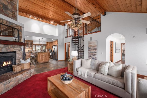 Fireplace, Interior, Kitchen, Living room, Recessed Lighting, Wooden Beams, Wooden Ceilings