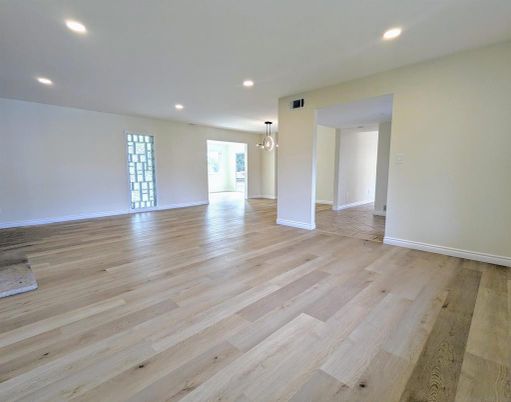 Empty room, Interior, Pendant Lights, Recessed Lighting, Wood Texture Flooring