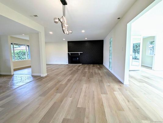 Empty room, Interior, Pendant Lights, Recessed Lighting, Wood Texture Flooring