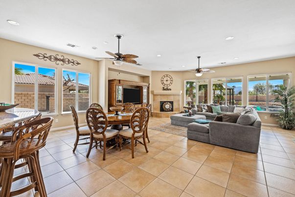 Dining room, Fireplace, Interior, Living room, Recessed Lighting