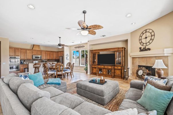 Dining room, Fireplace, Interior, Kitchen, Living room, Recessed Lighting, Stainless Steel Appliances