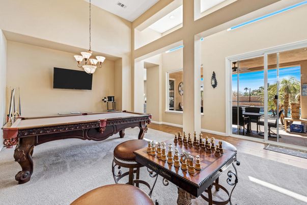 Billiard Table, Chandelier, Game Room, Interior, Wood Texture Flooring