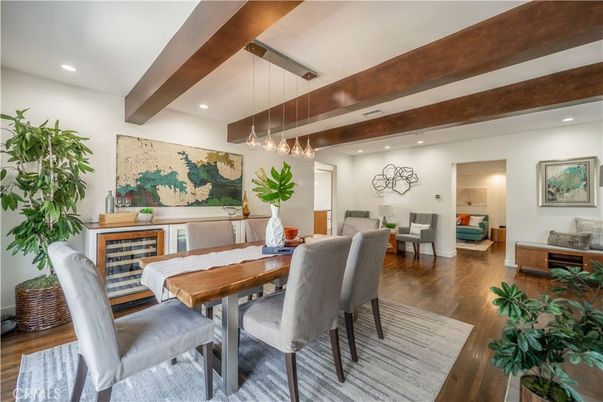 Dining room, Interior, Pendant Lights, Recessed Lighting, Wooden Beams, Wood Texture Flooring
