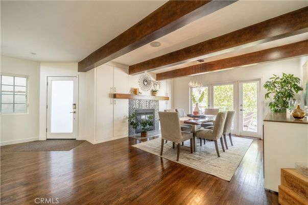 Chandelier, Dining room, Fireplace, Interior, Wooden Beams, Wood Texture Flooring