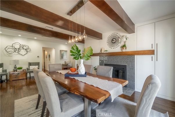 Dining room, Fireplace, Interior, Pendant Lights, Recessed Lighting, Wooden Beams, Wood Texture Flooring