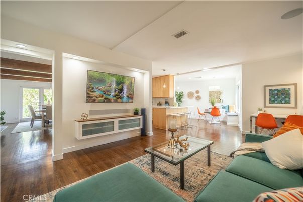 Dining room, Fireplace, Interior, Kitchen, Living room, Pendant Lights, Recessed Lighting, Wood Texture Flooring