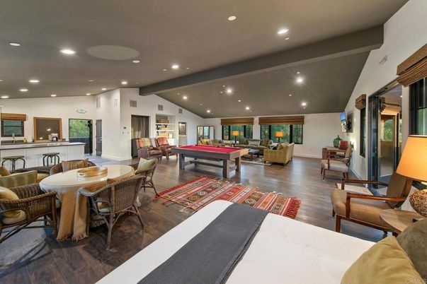 Billiard Table, Game Room, Interior, Living room, Recessed Lighting, Wooden Beams, Wood Texture Flooring