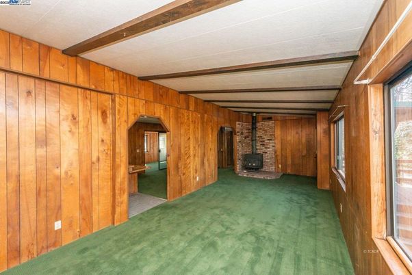 Empty room, Fireplace, Interior, Stone Walls, Wooden Beams, Wooden Walls