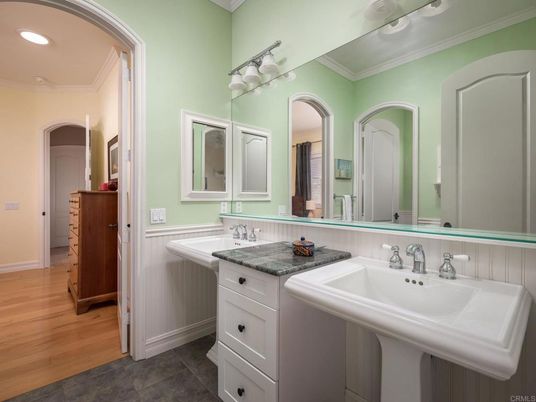 Bathroom, Dual Sink Vanities, Interior, Recessed Lighting, Wood Texture Flooring